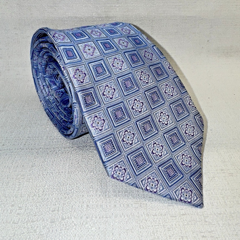 Bachrach Silk Tie Men Blue Geometric Floral Woven Jacquard Preppy Classic Formal